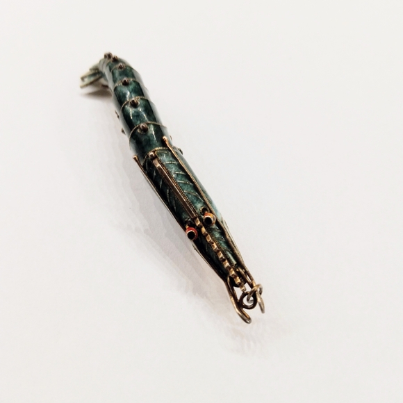 Antique RARE Silver Guilloche Enamel Articulated Shrimp Prawn Pendant - Picture 5 of 10